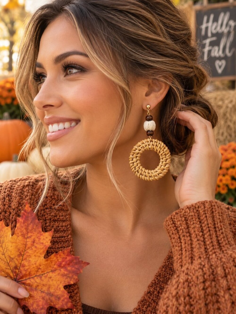 Rattan Woven Hoop Earrings Natural Wood Beaded Boho Fall Autumn Neutral Dangle